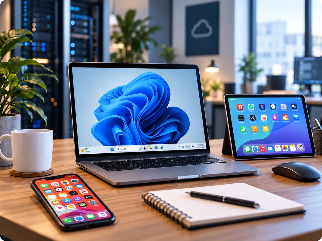 Laptop, tablet and phone set up and managed as part of Curly IT's managed IT support