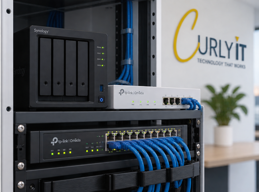 Network cabinet with managed switches, PoE and a mini server installed by Curly IT