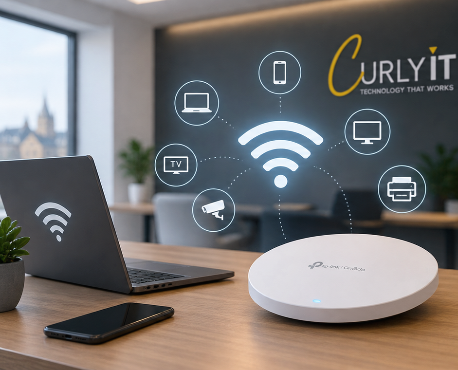 TP-Link Omada wireless access point connecting laptops, phones, TVs and printers in an office